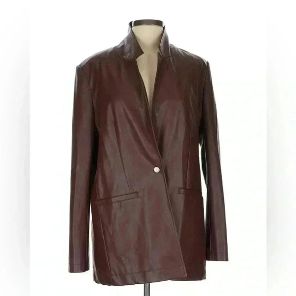 Staud Madden Womens Faux Vegan Leather Oversized Brown Blazer Jacket L Long $495 - Picture 8 of 15